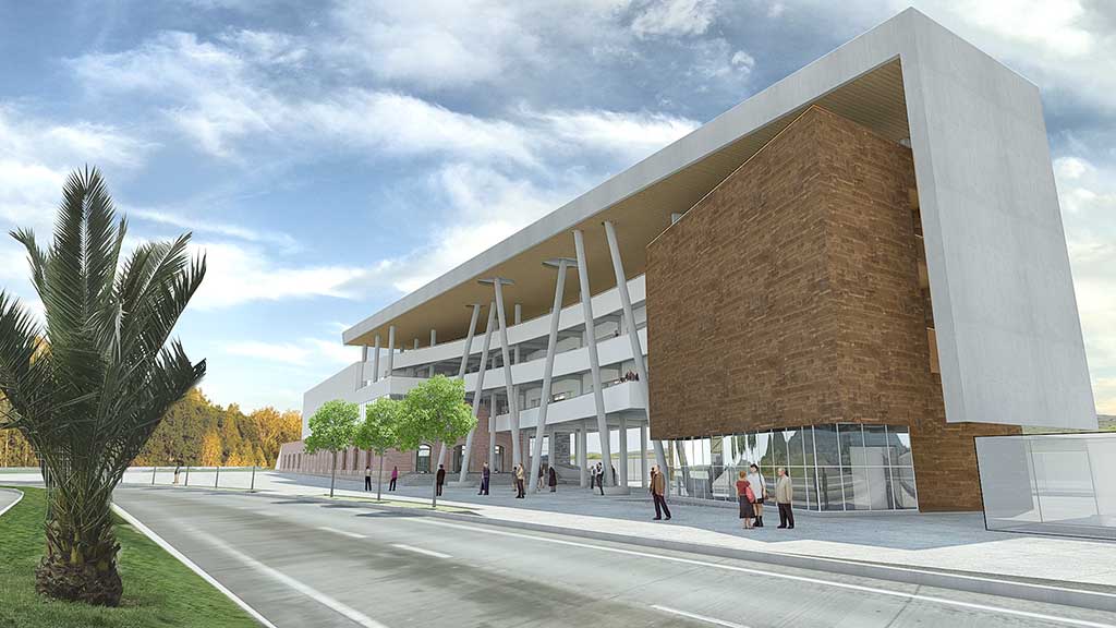 Render de edificio institucional con gran alero sobre pilares inclinados y volumen de ladrillo