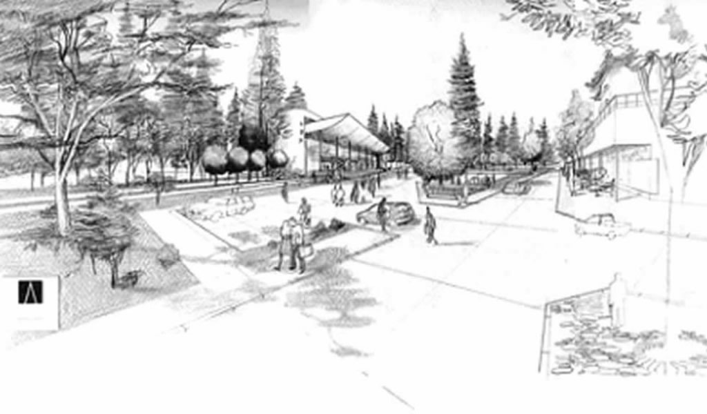 Croquis a lápiz de una calle arbolada con edificaciones y peatones
