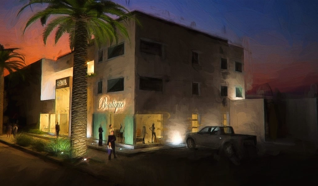 Render nocturno de un edificio comercial con vitrinas iluminadas y palmeras