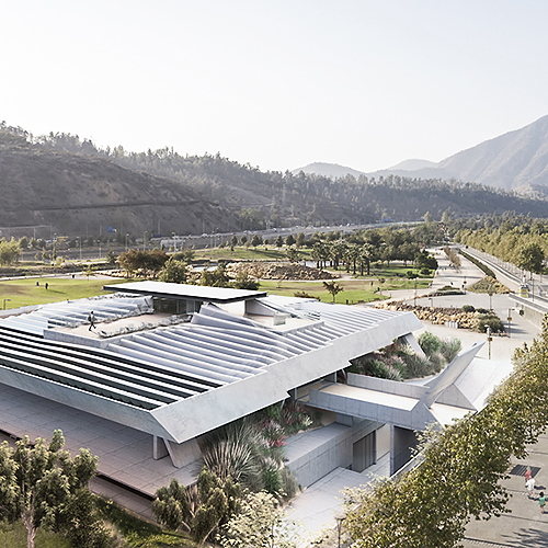 Render aéreo de un proyecto de arquitectura con cubiertas livianas en un valle rodeado de cerros